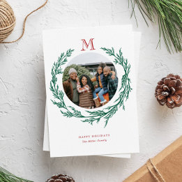 Wreath Monogram Photo Holiday Card Julkort