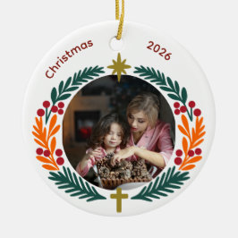 Wreath Star and Cross Christian Custom Photo Julgransprydnad Keramik