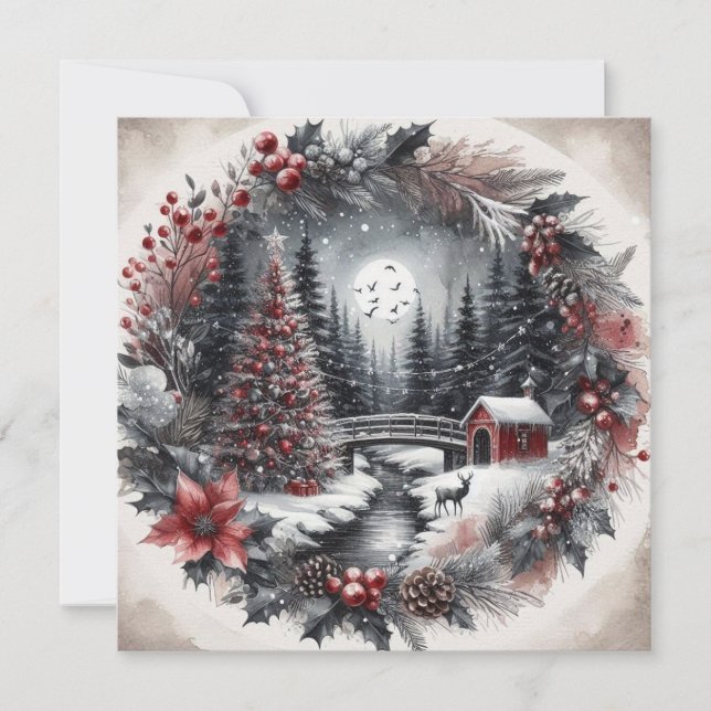 wreath with landscapeFlat Holiday Card Julkort (Framsida)