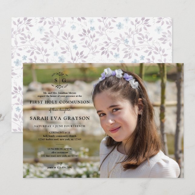 Wreathed Initialer - Mörk First Heliga Communion Inbjudningar (Fram/baksida)