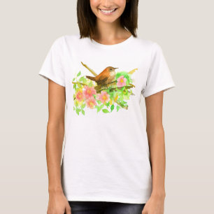 Wren Bird Rugosa Vild Rosa ros Botanical T Shirt