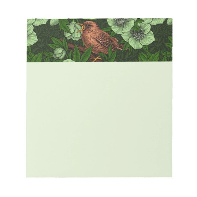 Wren och hellebore, ljust grönt anteckningsblock (Framsida)