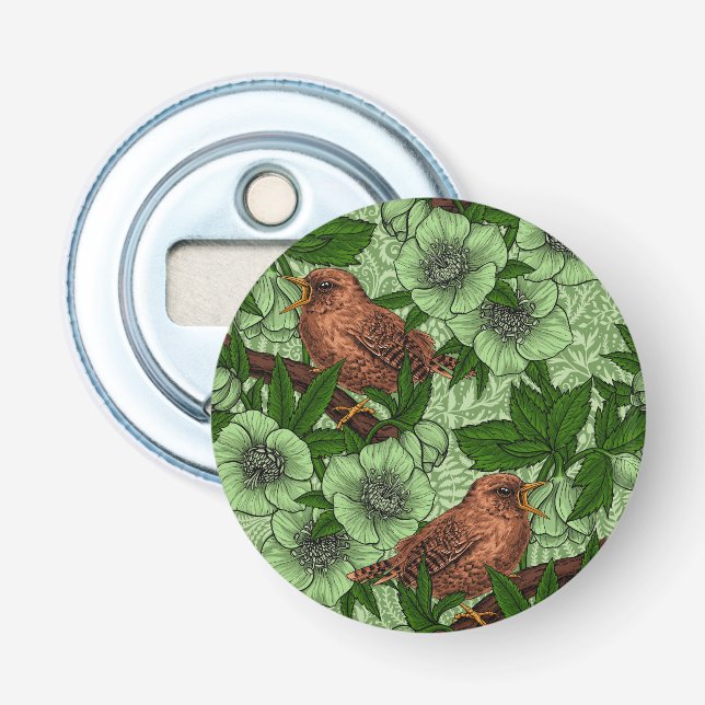 Wren och hellebore, ljust grönt flasköppnare (Framsidan)