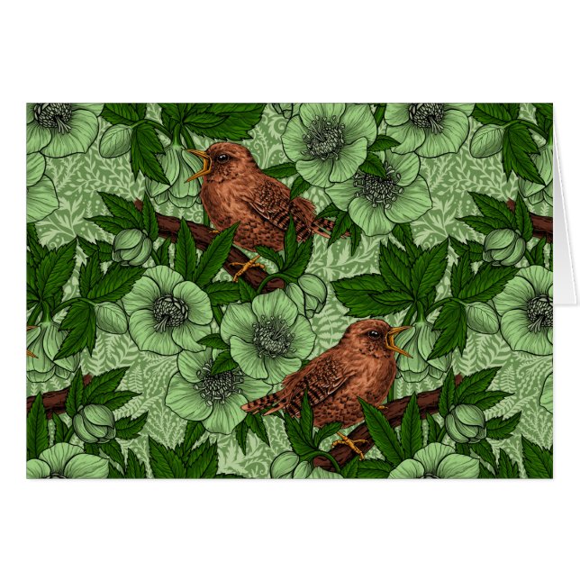 Wren och hellebore, ljust grönt hälsningskort (Framsidan Horizontal)