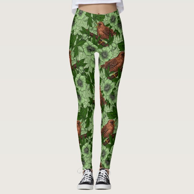 Wren och hellebore, ljust grönt leggings (Framsida)