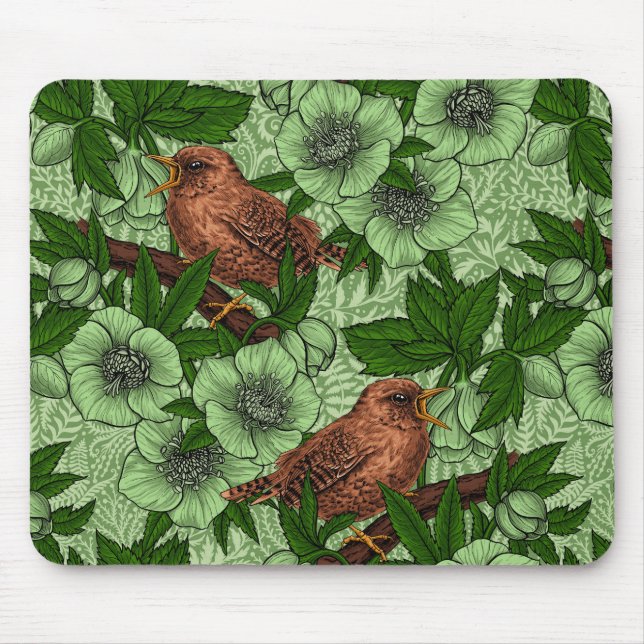 Wren och hellebore, ljust grönt musmatta (Framsidan)