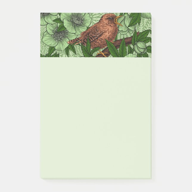 Wren och hellebore, ljust grönt post-it block (Framsida)