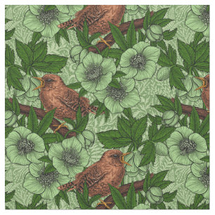 Wren och hellebore, ljust grönt tyg