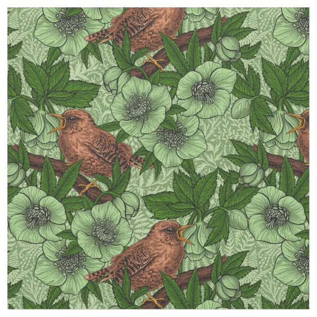 Wren och hellebore, ljust grönt tyg (Närbild)