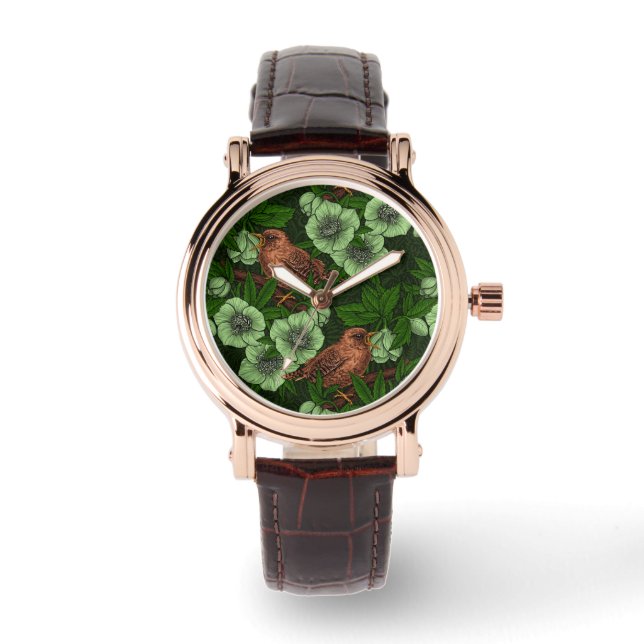 Wren och hellebore på mörk grönt armbandsur (Framsida)