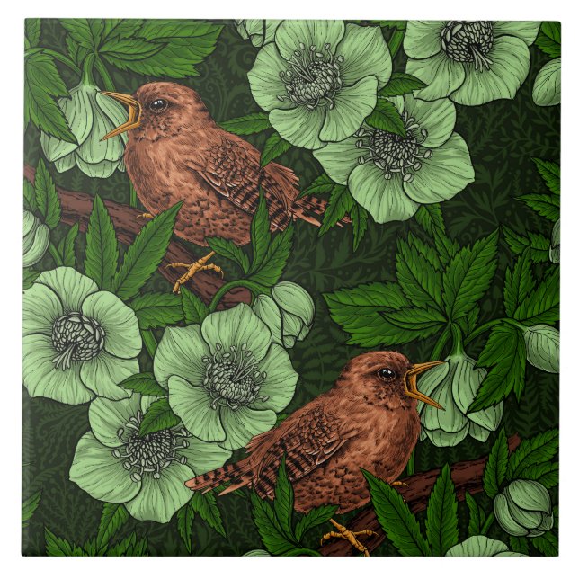 Wren och hellebore på mörk grönt kakelplatta (Framsidan)