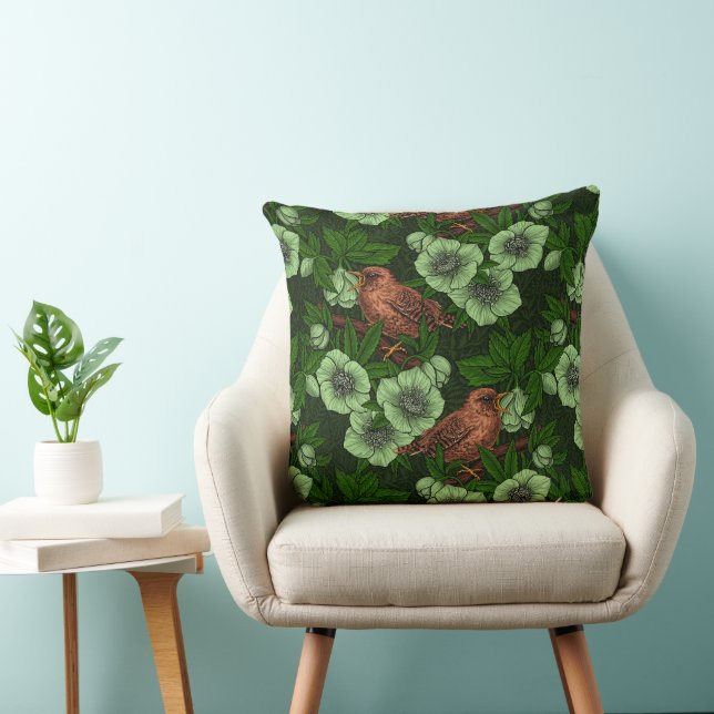 Wren och hellebore på mörk grönt kudde (Stol)