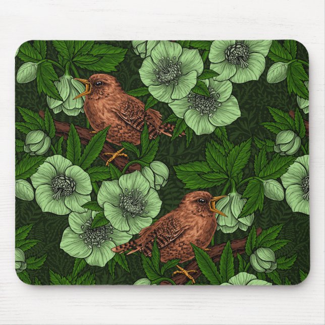 Wren och hellebore på mörk grönt musmatta (Framsidan)