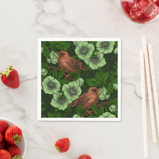 Wren och hellebore på mörk grönt pappersservett (Insitu)