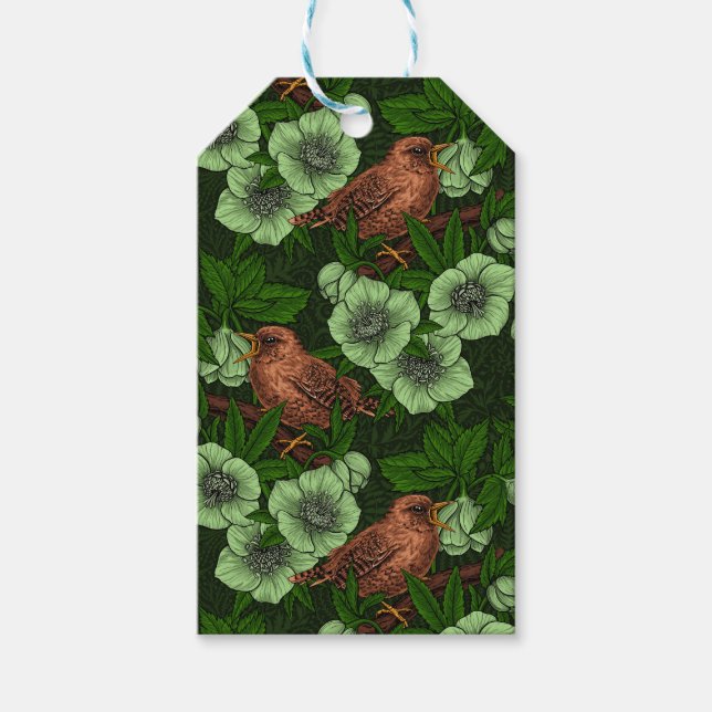 Wren och hellebore på mörk grönt presentetikett (Framsidan)