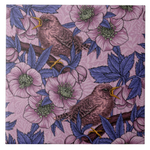Wren och hellør, rosa och violett kakelplatta