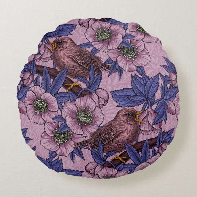 Wren och hellør, rosa och violett rund kudde (Framsidan)