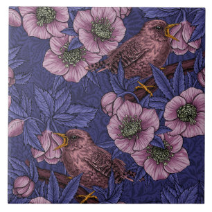 Wren och hellør, violett och rosa kakelplatta