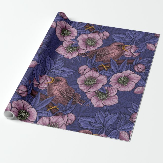 Wren och hellør, violett och rosa presentpapper (Utrullad)