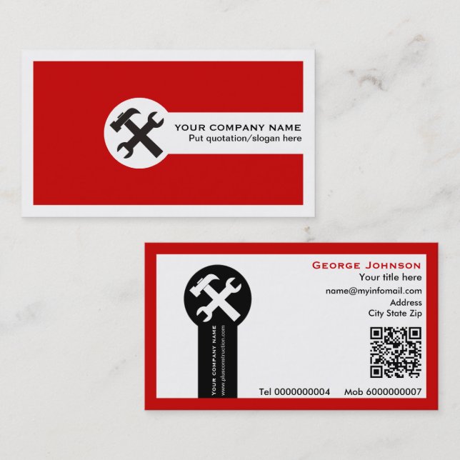 Wrench and hammer handyman construction red visitkort (Fram/baksida)