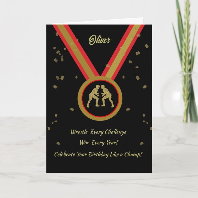 Wrestler Birthday Black Guld och Red Medal Champ Kort (Framsida)