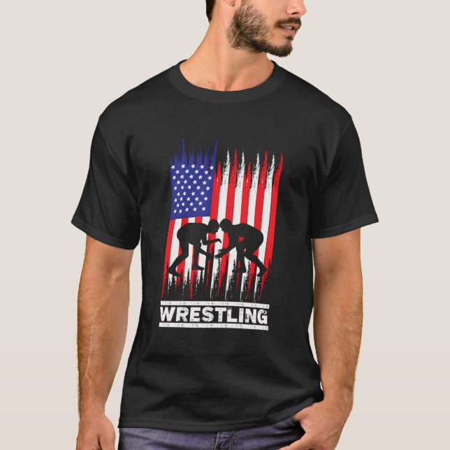 Wrestler Wrestling Fläkt American Flagga T Shirt (Framsida)
