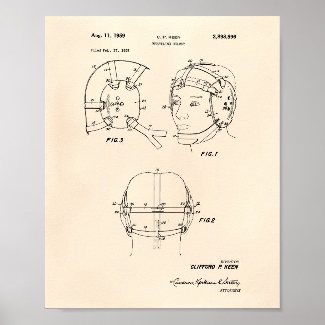 Wrestling Helmet 1959 Patent Art Old Peper Poster (Framsidan)