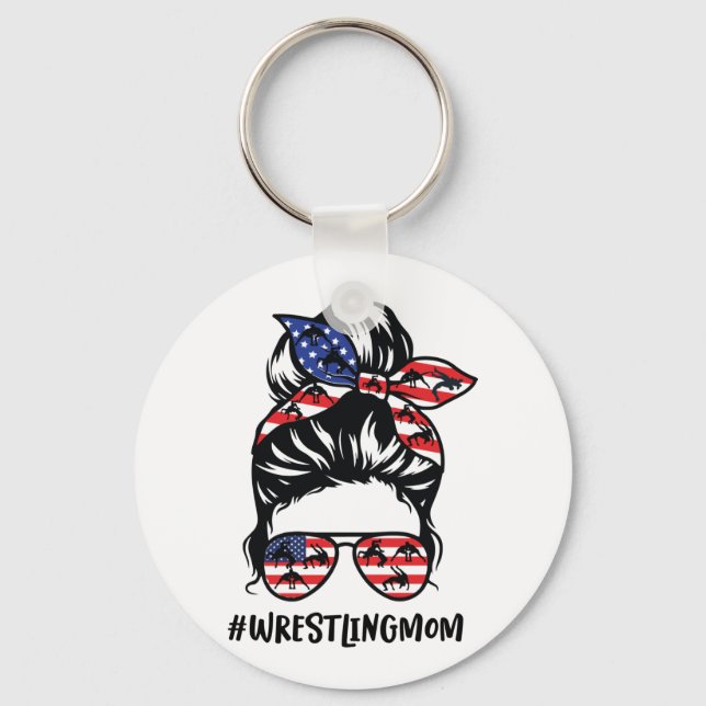 Wrestling Mamma Messy Bun America Flagga Wrestlers Nyckelring (Framsida)