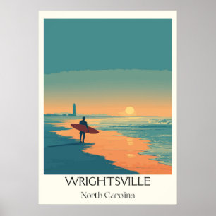 WrightTville Beach NC Vintage Surfer Beach Sunset Poster