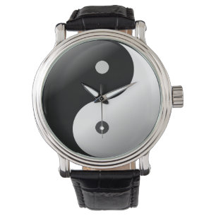Wrist watch Black Vintage Leather yin yang. Armbandsur