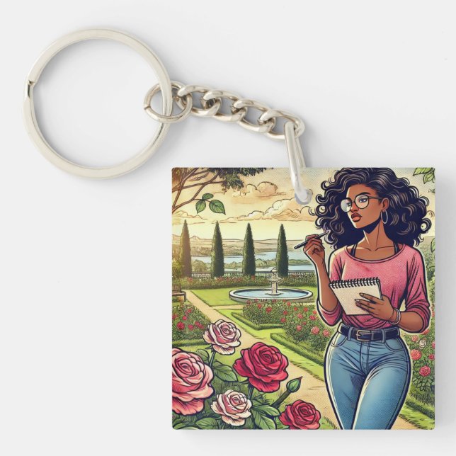 Writer in rose garden keychain (Framsidan)