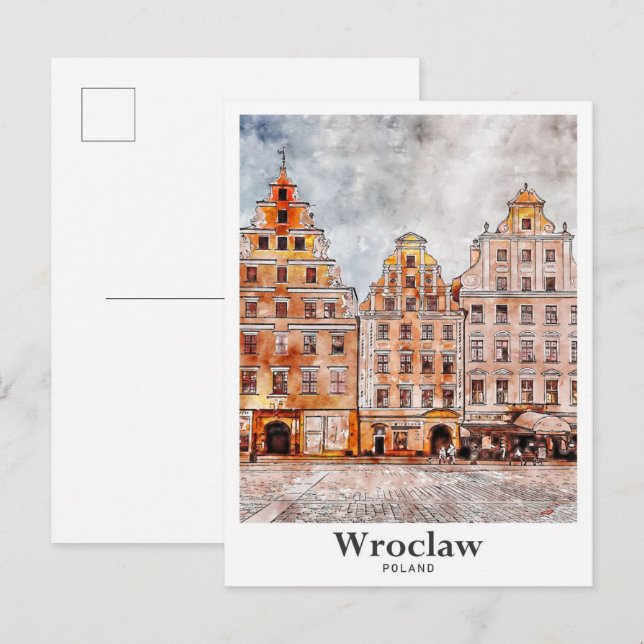 Wroclaw Polen Art Travel Watercolor Hand plockade Vykort (Fram/baksida)
