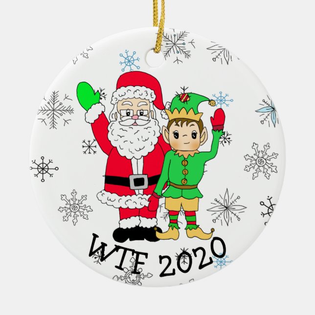 WTF 2020 Santa och Elf i Facemask Julgransprydnad Keramik (Framsidan)