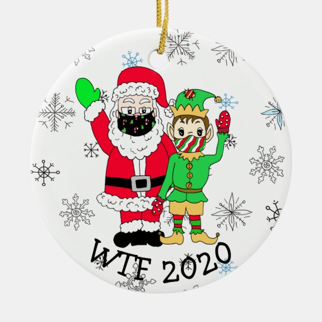 WTF 2020 Santa och Elf i Facemask Julgransprydnad Keramik (Framsidan)