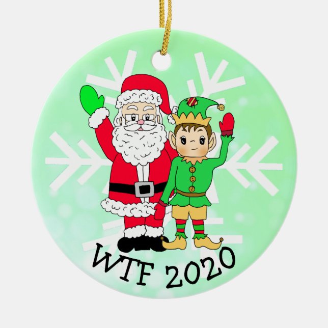 WTF 2020 Santa och Elf i Facemask Julgransprydnad Keramik (Framsidan)