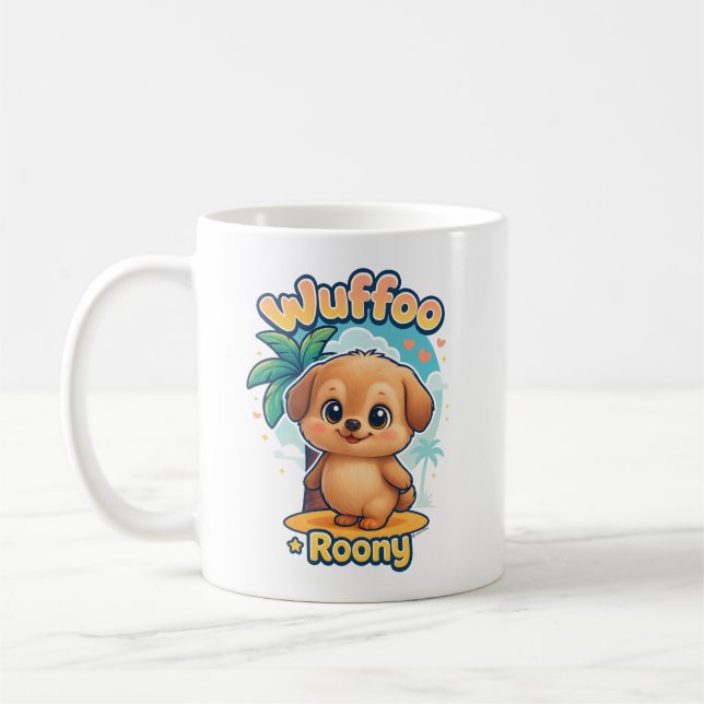 Wuffoo Roony Cute Kawaii Puppy Tropical Island Kaffemugg (Vänster)