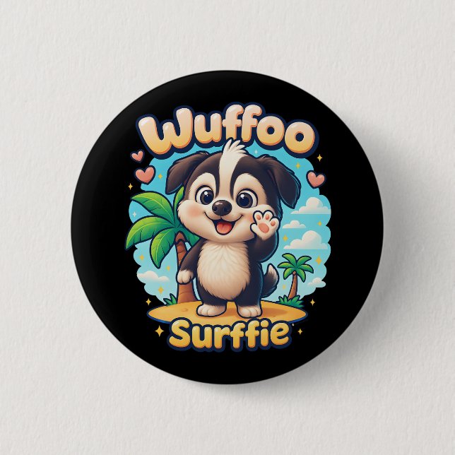 Wuffoo Surffie Söt Kawaii Valp Tropisk Ö Knapp (Framsida)