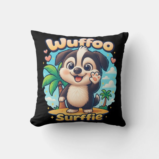 Wuffoo Surffie Söt Kawaii Valp Tropisk Ö Kudde (Framsida)