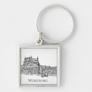 Würzburg Bayern Stadssiluett Minimalist Linjekonst Fyrkantig Silverfärgad Nyckelring