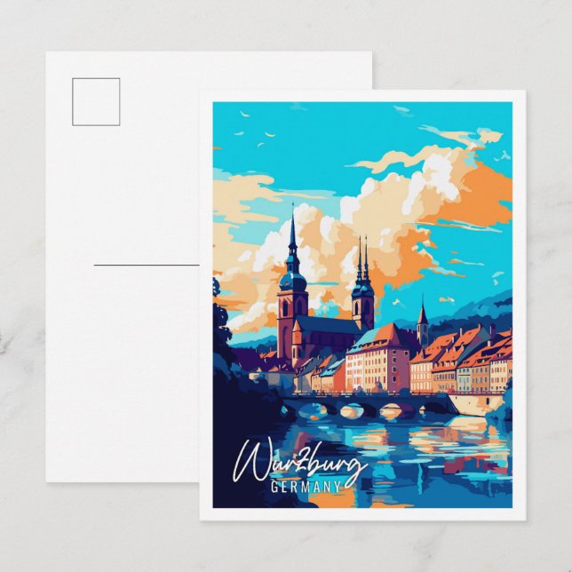 Wurzburg Tyskland vintage resor illustration Vykort (Fram/baksida)