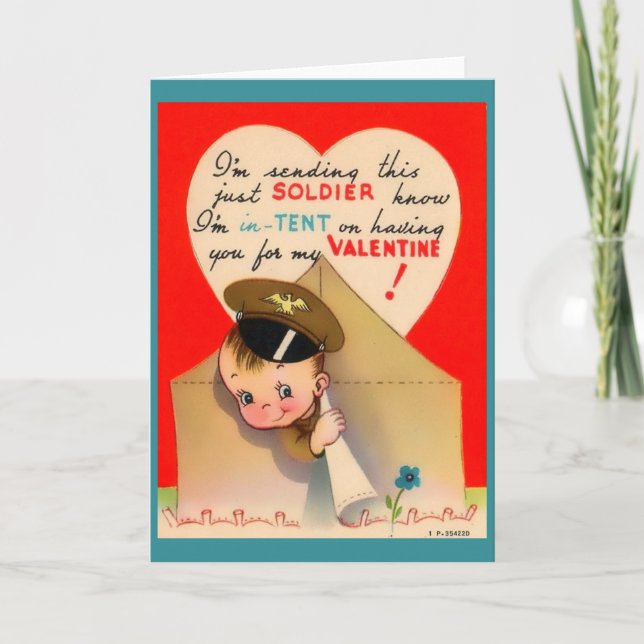 WW2 Army Valentine, Cute Soldier Peeking från Tält Helgkort (Framsida)