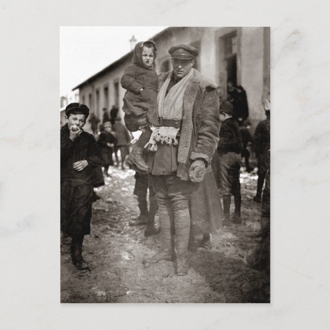 WWI American Fält Serviceman + Fransk Orphans Vykort (Framsida)