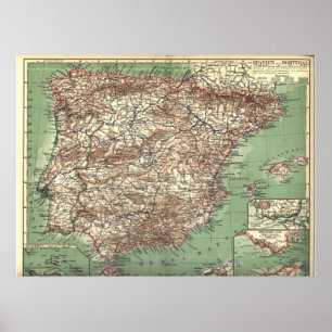 WWI-karta av Spanien och Portugal Poster