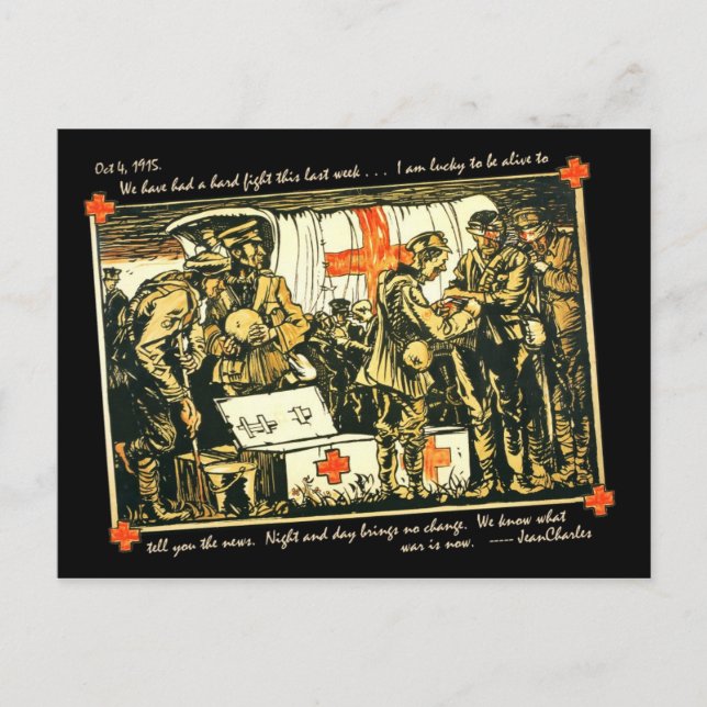 WWI sårade soldater vid Röda Kor Lastbil Vykort (Framsida)