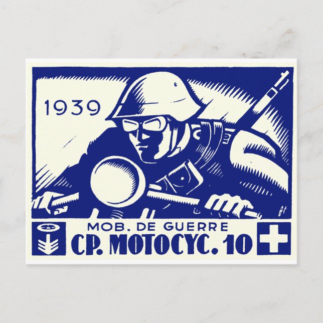 WWII Swiss Motorcycle Company, blå Vykort (Framsida)
