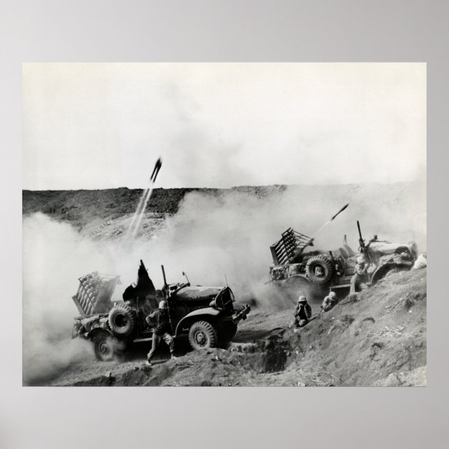 WWII US Marine lastbil-monterade raketer, Iwo Jima Poster (Framsidan)
