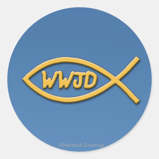 WWJD-fisksymbolsymbol Runt Klistermärke (Framsida)