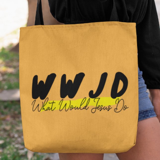 WWJD-handväskan – Fet svart och gul text Tygkasse (Skapare uppladdad)