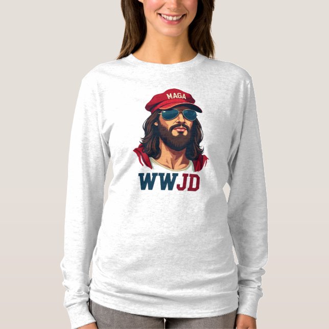 WWJD - Republican Jesus i MAGA Hat T Shirt (Framsida)