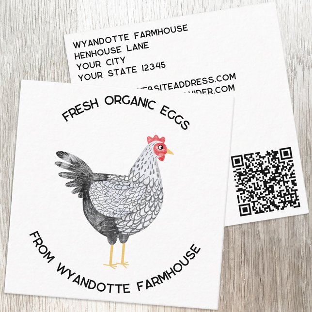 Wyandotte Chicken Farm Eggs QR-kod Fyrkantigt Visitkort (Wyandotte Chicken hen watercolor custom text QR code farm poultry eggs business card)